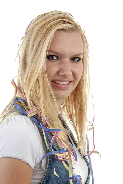 Young Blonde Woman Garlands Her Nek Looking Camera White Background — Stock Photo, Image