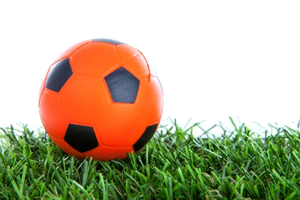 Orange Soccer Ball Grass White Background — Stock Photo, Image