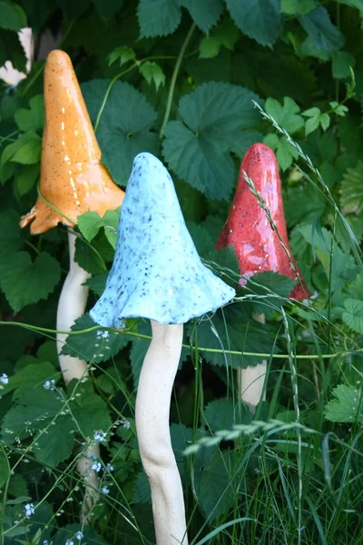 Three Handmade Mushrooms White Stem Colorful Caps — Stock Photo, Image