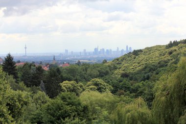 Frankfurt 'un ufuk çizgisi, Hessen, Almanya küçük bir ormanın arkasında
