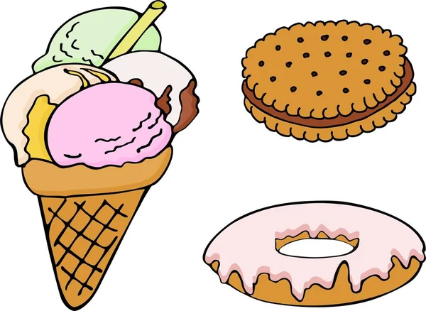 手描きのドーナツ、アイスクリーム、ビスケットのセットです。ベクター カラー イラスト — ストックベクタ