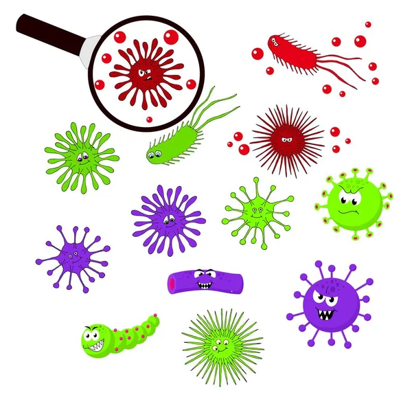 Bacteriën en kiemen kleurrijke set, verschillende soorten, bacteriën, virussen, microben Vector cartoon illustratie. — Stockvector