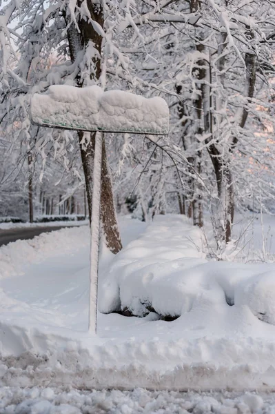 木の背景に雪に覆われた道路標識 — ストック写真