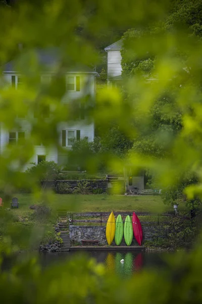 从河上和绿树树枝上存储的皮划艇 — 图库照片