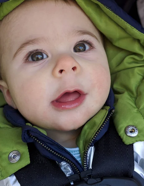 Close View Cute Funny Baby Boy Face Green Jacket — Stock Photo, Image