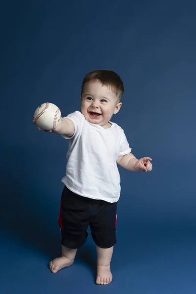 Cute Boy Holding Baseball Ball Posing Dark Blue Background — Stock Photo, Image