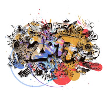 Mutlu yeni yıl 2017 Doodle tasarım öğeleri için tatil kartları