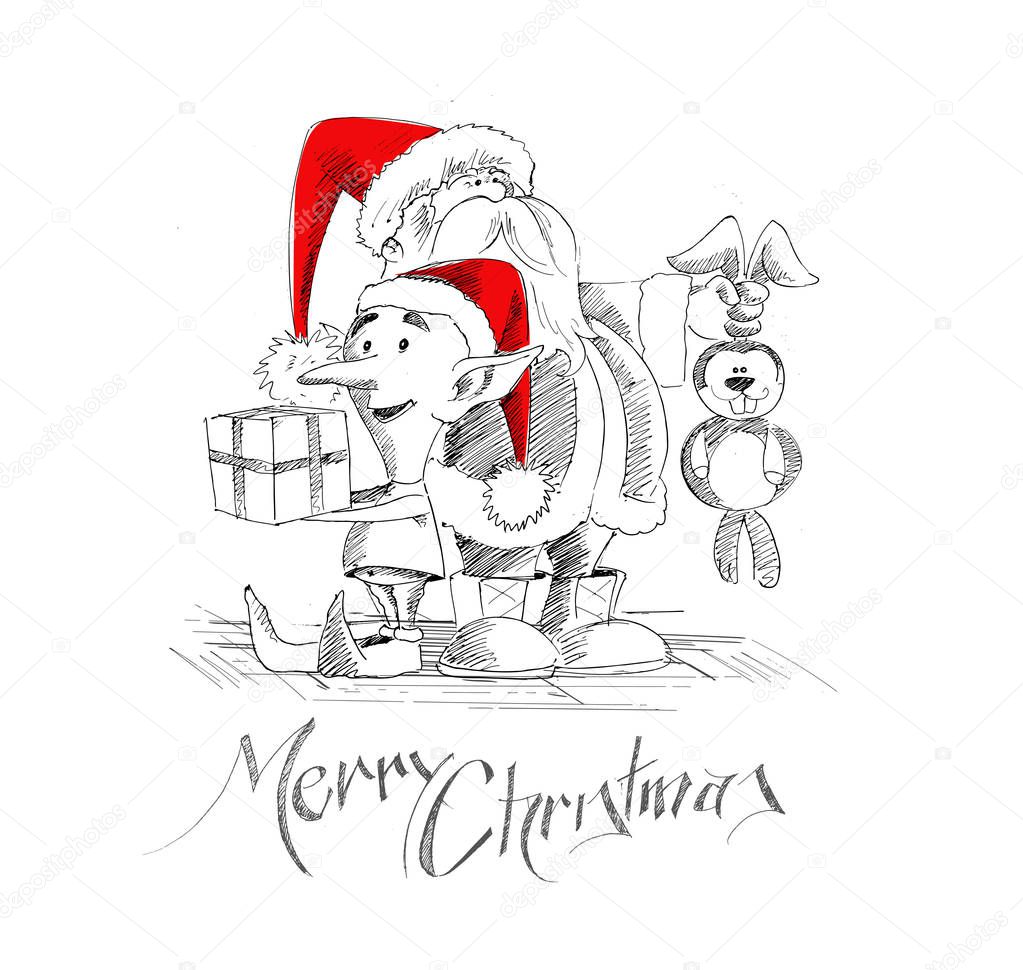 feliz natal santa e presente desenho de mão 6006444 Vetor no Vecteezy