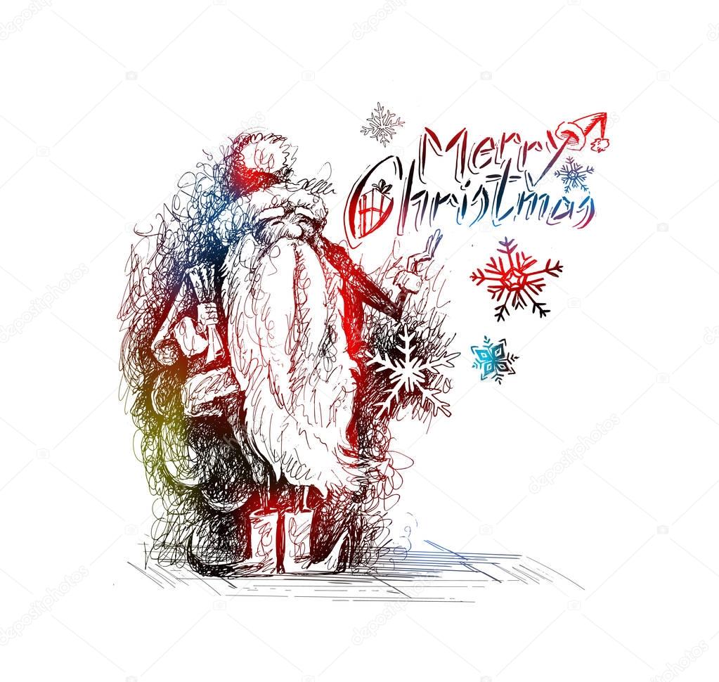 Buon Natale Cartone animato stile mano impreciso disegno di Babbo Natale divertente che tiene il pacco regalo con sfondo colorato neve linea arte
