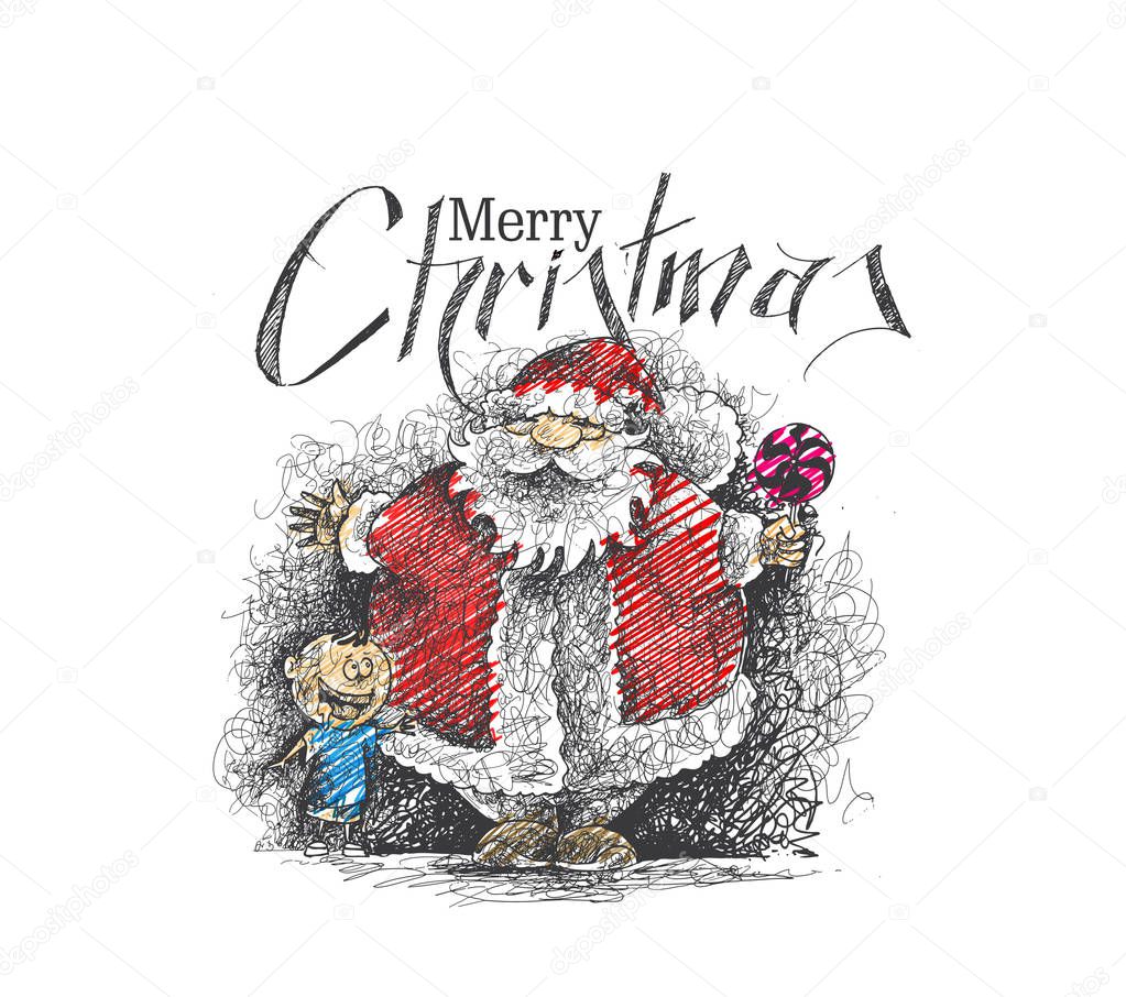 Buon Natale Cartoon stile mano impreciso disegnando una divertente Babbo Natale che tiene caramella con il piccolo bambino sveglio illustrazione di