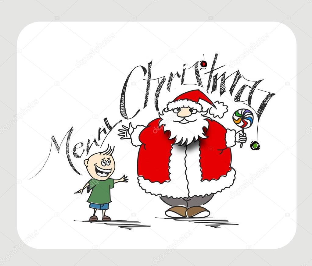 Buon Natale Cartoon stile mano impreciso disegnando una divertente Babbo Natale che tiene caramella con il piccolo bambino sveglio illustrazione di