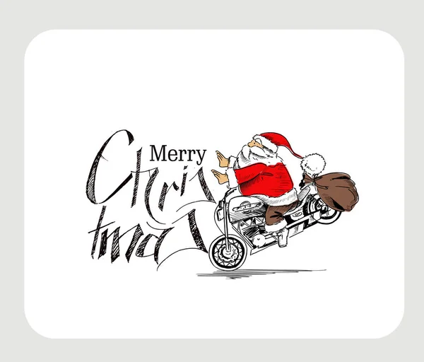 Санта Клаус на мотоцикле Счастливого Рождества! Рождественский бэкграун — стоковый вектор