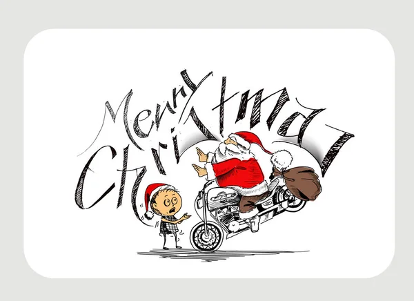 Papai Noel em uma motocicleta com menino bonito pequeno. Feliz Natal! —  Vetores de Stock