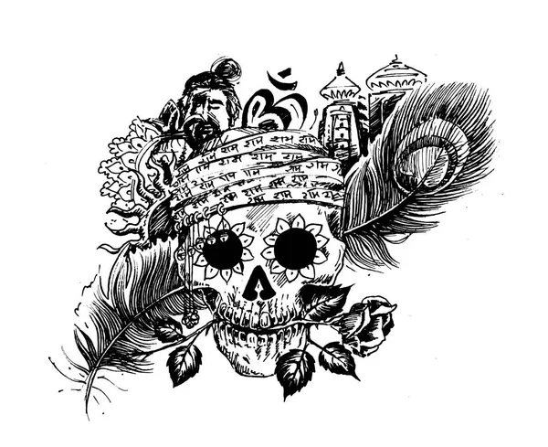 Logo de corsario de cráneo pirata - Cabeza de hombre con plumas de pavo real rosa — Vector de stock