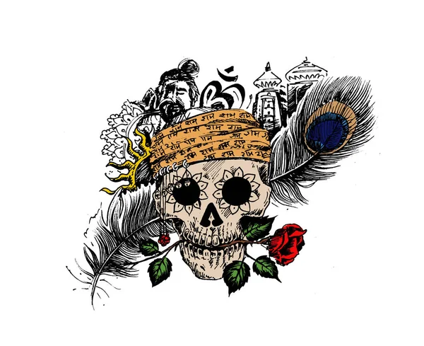 Pirátská lebka corsair logo - vedoucí mužů s feathe růže Páv — Stockový vektor