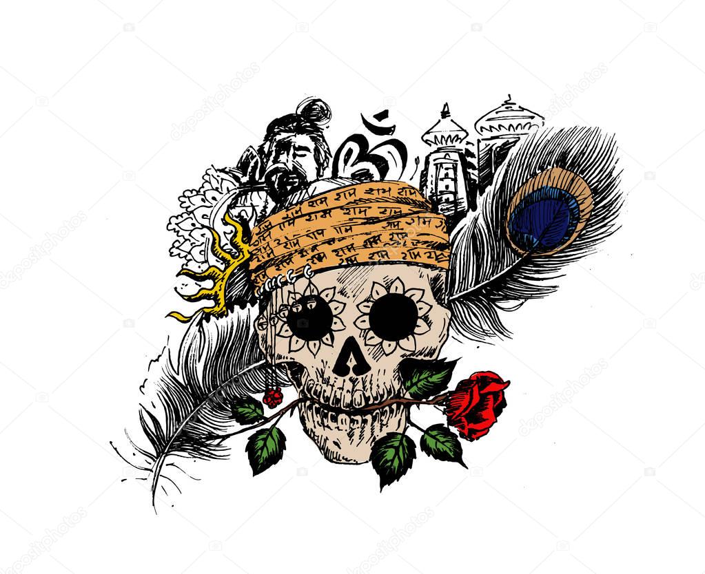 Pirate skull corsair logo - Head of men with rose peacock feather temple for black magic design