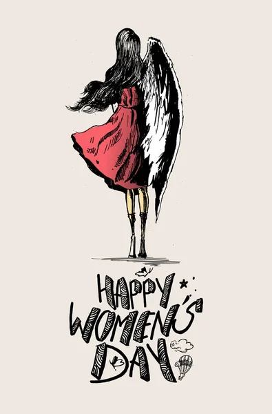 Happy Women 's Day, wanita malaikat dengan sayap - Stok Vektor
