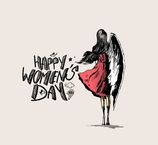 Happy Women's Day, engel vrouw met vleugels — Stockvector