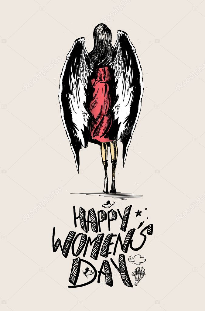 Happy Women's Day, angel woman with wings