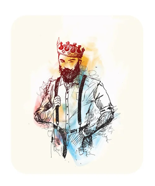 Serin Kral hipster saç stili karakter tasarımı, el çizilmiş kroki — Stok Vektör