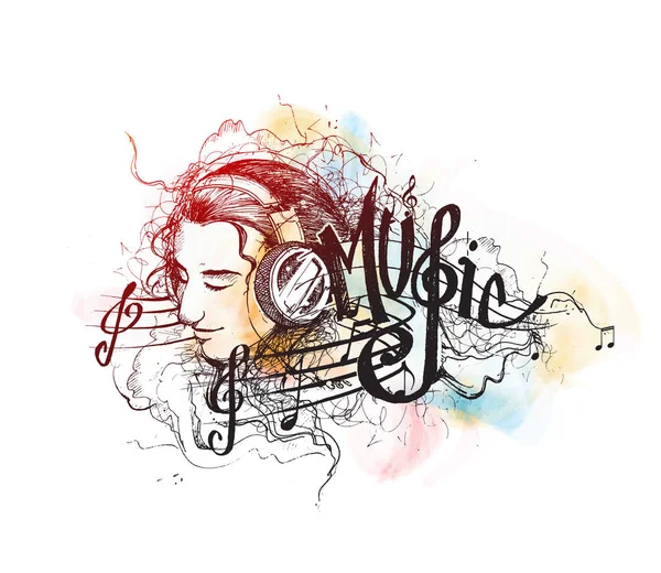 Fundo de música colorida. A rapariga vectora ouve música. desenho animado — Vetor de Stock