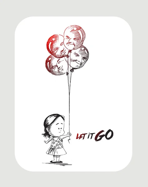 Petite fille avec des ballons en forme d'homme avec le texte de laisser aller, Main — Image vectorielle