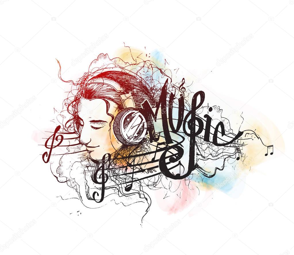 Colorful music background. Vector girl listens to music. cartoon