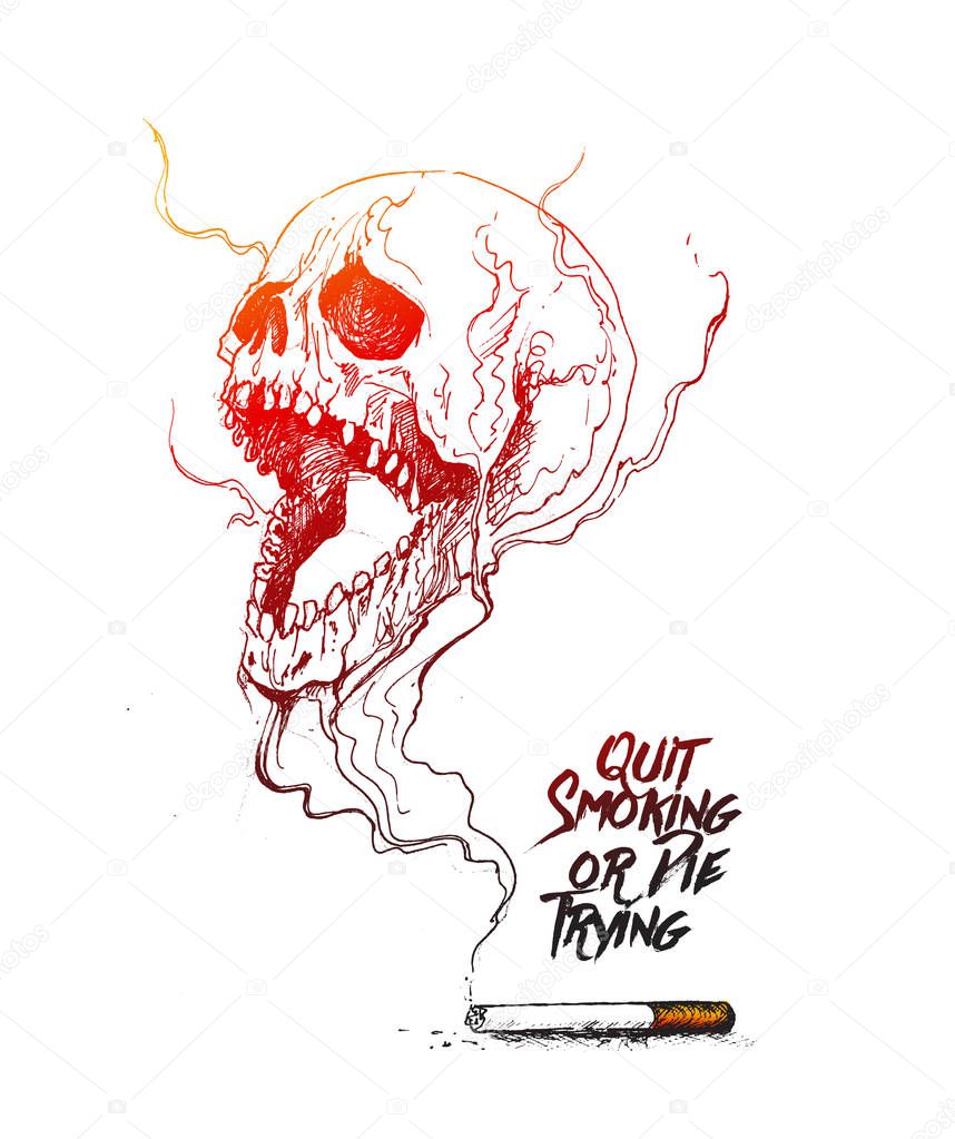 Burning cigarette as a skull shaped design with deadly smoke sym