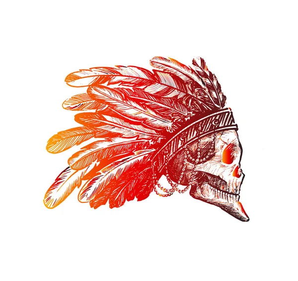 Sílhueta de caveira Chefe índio de caveira em desenho manual. Desenho à mão — Vetor de Stock