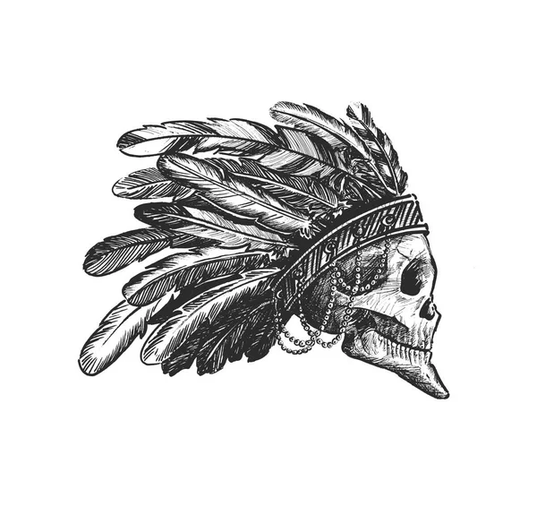 Sílhueta de caveira Chefe índio de caveira em desenho à mão — Vetor de Stock