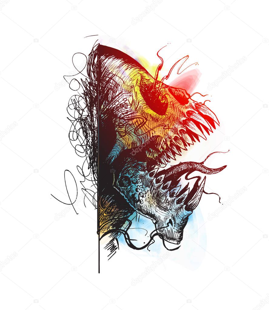 Colorful Aggressive Monster Tottoo design, Hand Drawn Sketch Vec