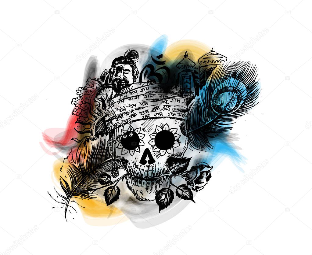 Pirate skull / corsair logo. Head of men with rose peacock feather temple for black magic skull design.
