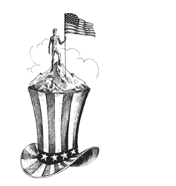 Klättrare med Usa flaggan erövra toppen av berget med Uncle Sam — Stock vektor