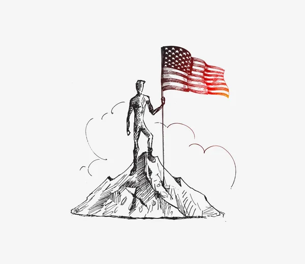 Climber waves an American Flag from the summit after a challengi — Stock Vector