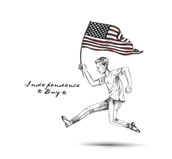 Ο άνθρωπος με την αμερικανική σημαία που τρέχει προς το όνειρο, χέρι — Διανυσματικό Αρχείο