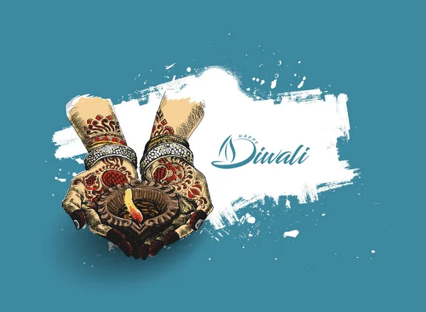 Hand holding Indian oil lamp - diya, Diwali festival — Stock Vector