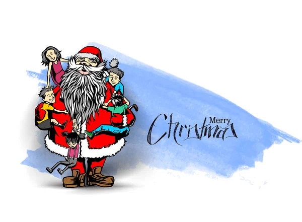 Niño lindo y niñas abrazando a Santa Claus - Escena de Navidad — Vector de stock