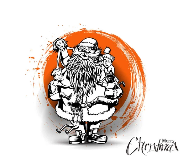 Little cute boy and girls hugging Santa Claus - Christmas Scene — Stock Vector