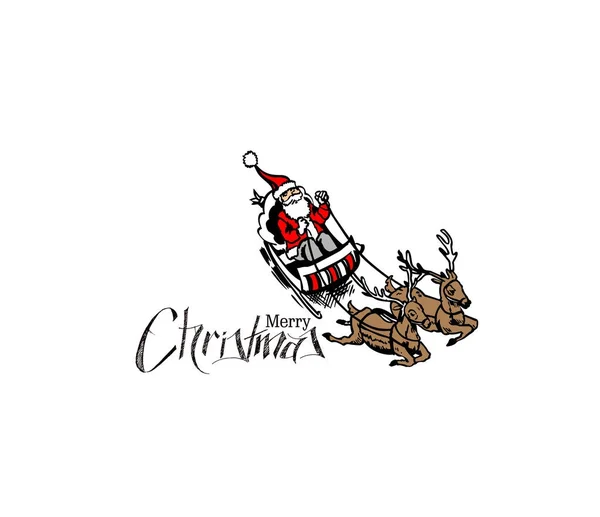 Babbo Natale cavalca la slitta delle renne volando sullo sfondo bianco — Vettoriale Stock