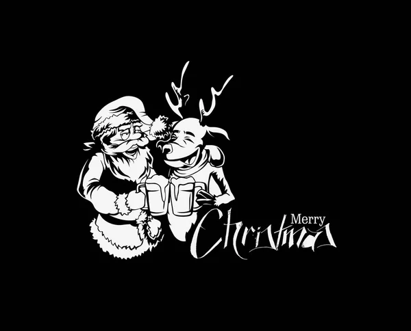 Borracho Santa Claus y renos con taza de cerveza en la mano, vector de enfermedad — Vector de stock