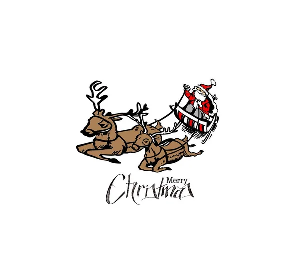 Papai Noel monta trenó de rena voando no fundo branco — Vetor de Stock