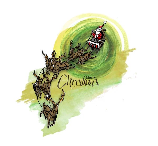 Père Noël monte traîneau de rennes volant — Image vectorielle