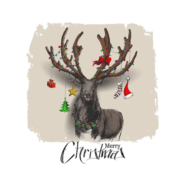 Joyeux Noël - Dessin esquissé à la main de style dessin animé de rennes — Image vectorielle