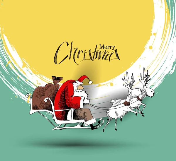 Papai Noel monta trenó de rena voando no fundo do vetor — Vetor de Stock