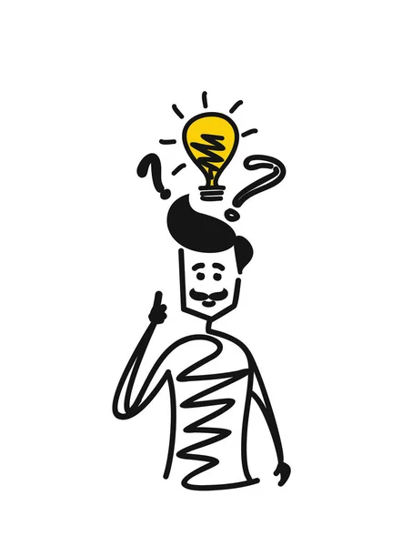 Man looking at the question marks with light idea bulb, Cartoon — Stock Vector