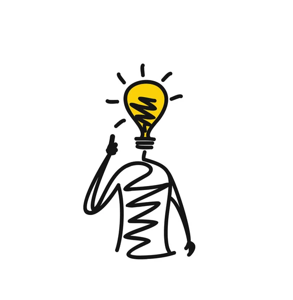 Homem olhando para lâmpada ideia, Cartoon mão desenhada esboço Vector — Vetor de Stock