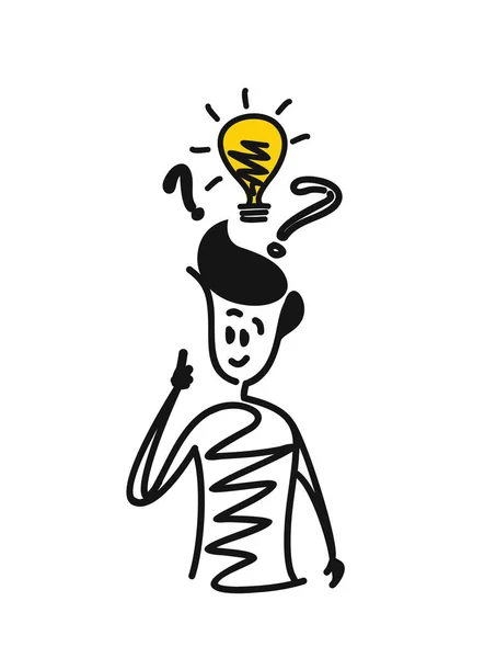 Uomo guardando i punti interrogativi con lampadina idea luce, Cartone animato — Vettoriale Stock