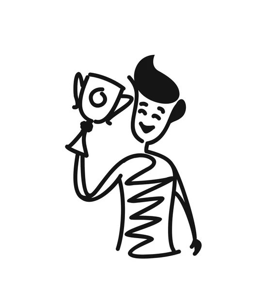 Mężczyzn trzyma się zwycięskie trofeum, kreskówka ręcznie rysowane szkic wektor — Wektor stockowy