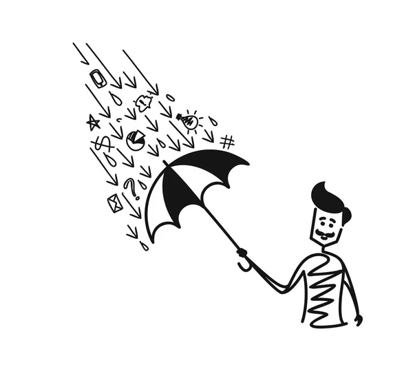 Şemsiye yağmur damlası doodle çizgi film Ha ile altında tutan adam — Stok Vektör