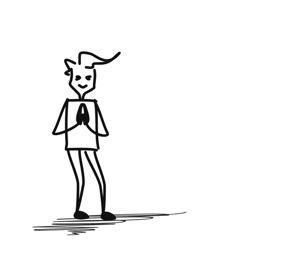 Man greeting namaste posture, Cartoon Hand Drawn Sketch Vector i — Stock Vector